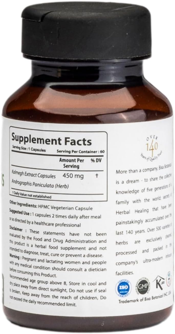 bixa BOTANICAL Ayurvedic Natural Herbal Supplement Andrographis (Kalmegh) Extract 20% Andrographolide | Natural Liver Tonic | for Healthy Immunity (450mg) Veg Capsules 60 Count (Pack of 1)