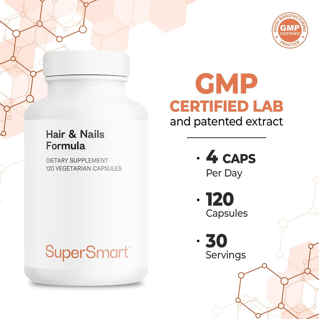 Supersmart - Hair & Nails Formula - Patented Solubilized Keratine Supplement - with Biotin, Bamboo Extract, MSM, Cynatine HNS Keratin | Non-GMO & Gluten Free - 120 Vegetarian Capsules
