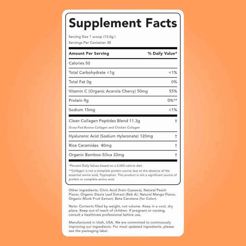 Clean Simple Eats Collagen Powder + Beauty Blend, Peach Mango, 11G Hydrolyzed Collagen Peptides from Grass Fed Bovine & Chicken, Hyaluronic Acid for Hair, Skin, Nail & Joint Support, 30 Servings