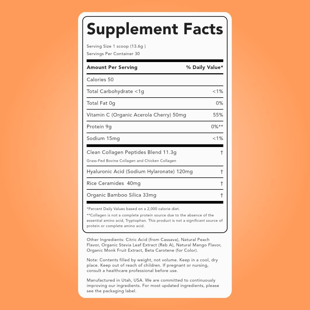 Clean Simple Eats Collagen Powder + Beauty Blend, Peach Mango, 11G Hydrolyzed Collagen Peptides from Grass Fed Bovine & Chicken, Hyaluronic Acid for Hair, Skin, Nail & Joint Support, 30 Servings