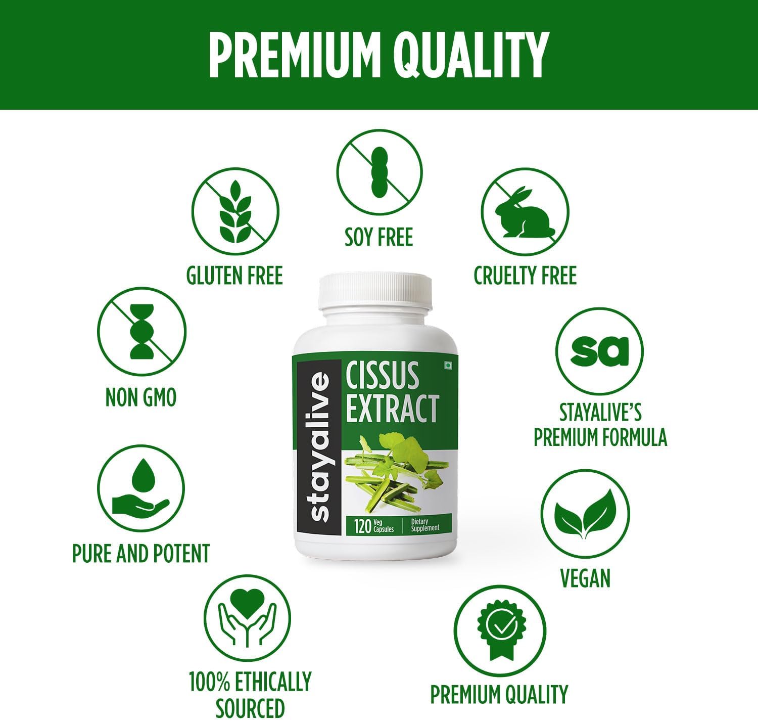 STAY ALIVE Cissus Quadrangularis Supplement 1000mg, 120 Pills, Pure Extract Powder with 40% Ketosterones, Non-GMO and Gluten-Free Cissus Extract Capsules for Men and Women
