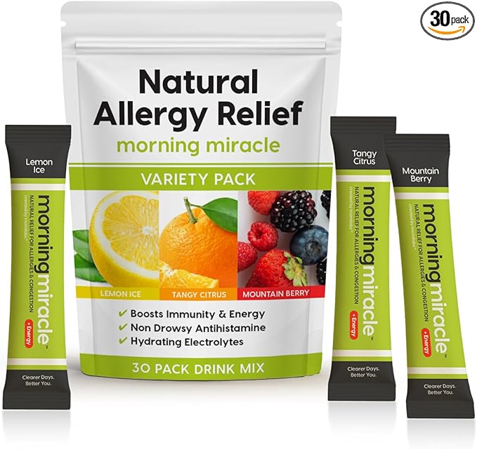 Morning Miracle Natural Allergy Relief Non-Drowsy Drink Mix for Sinus Support, Steady Energy, and Daily Natural Antihistamine for Adults and Kids (Non Caffeinated, 30 Stick Variety Pack)