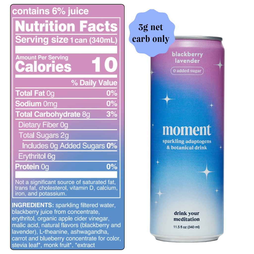 Moment Botanical Soda Soft Drink (Shark Tank) - SPARKLING Drinks | Blackberry Lavender | L-Theanine & Ashwagandha for Calm & Clarity | 0 Added Sugar 0 Caffeine | 12-pack