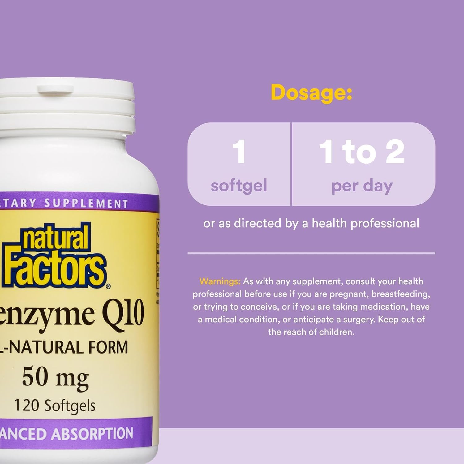 Natural Factors, Coenzyme Q10 50mg, CoQ10 Supplement for Energy, Heart and Antioxidant Support, Gluten Free, 120 softgels (120 servings)