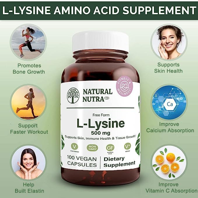Natural Nutra L Lysine HCl, Promotes Bone Health and Growth, Support Skin Health, Improve Vitamin C Absorption, Helps Built Collagen, Improve Calcium Absorption, Non-GMO, Vegan, 500 mg, 100 Capsules.