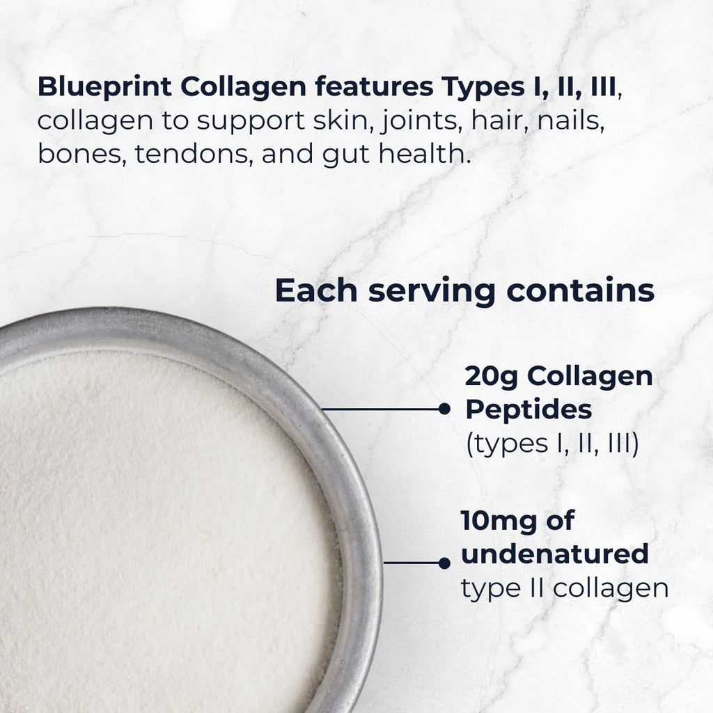 Blueprint Bryan Johnson Hydrolyzed Collagen Peptides Powder – Type I, II & III Collagen for Women & Men – Unflavored Protein Supplement for Hair, Skin, Nails, Joints & Cartilage – 20g – 30 Servings