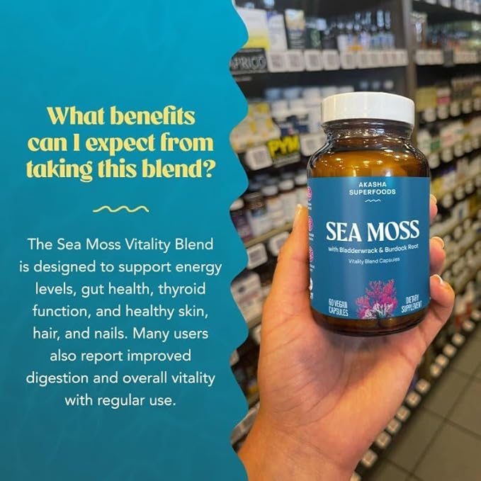 Akasha Superfoods Sea Moss Capsules, Organic Irish Moss with Bladderwrack Root, Burdock Root, and BioPerine, Skin, Thyroid, Digestion & Immunity Support for Women & Men, Gluten Free, Vegan, 60 Count