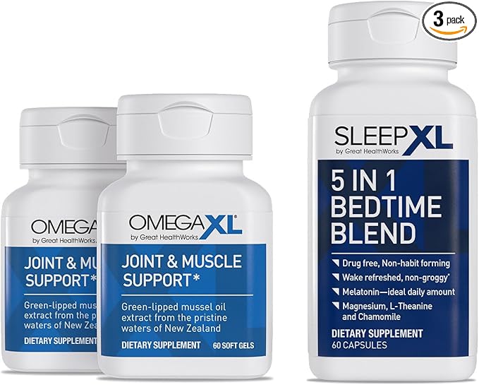 OmegaXL Joint Relief Supplement - Natural Muscle Support, 60 Softgels (2 Pack) & SleepXL immediate-Release melatonin, L-Theanine (Calming), Chamomile, Magnesium & B6 (60 Vegan Capsules)