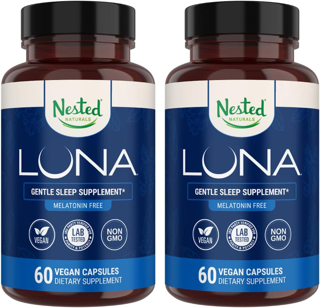 Nested Naturals Luna Melatonin-Free Pack of Two, Bedtime Supplement for Adults, Herbal Nighttime Sleeping Capsule, Valerian Root with Chamomile, Lemon Balm, Non-GMO, Gluten-Free