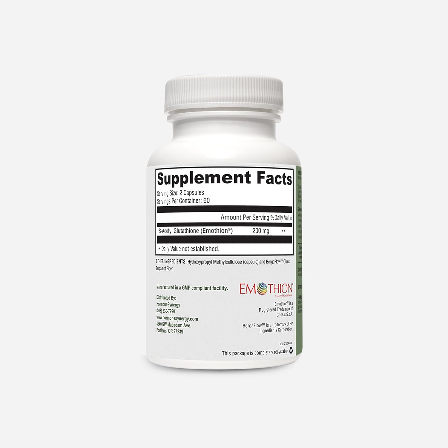 RetzlerRx S-Acetyl Glutathione Supplement 100 mg. per Capsule, Made in USA - 120 Acid-Resistant Capsules - Antioxidant Support - Non-GMO, Soy & Gluten-Free / Bergaflow®, Pharmaceutical Grade