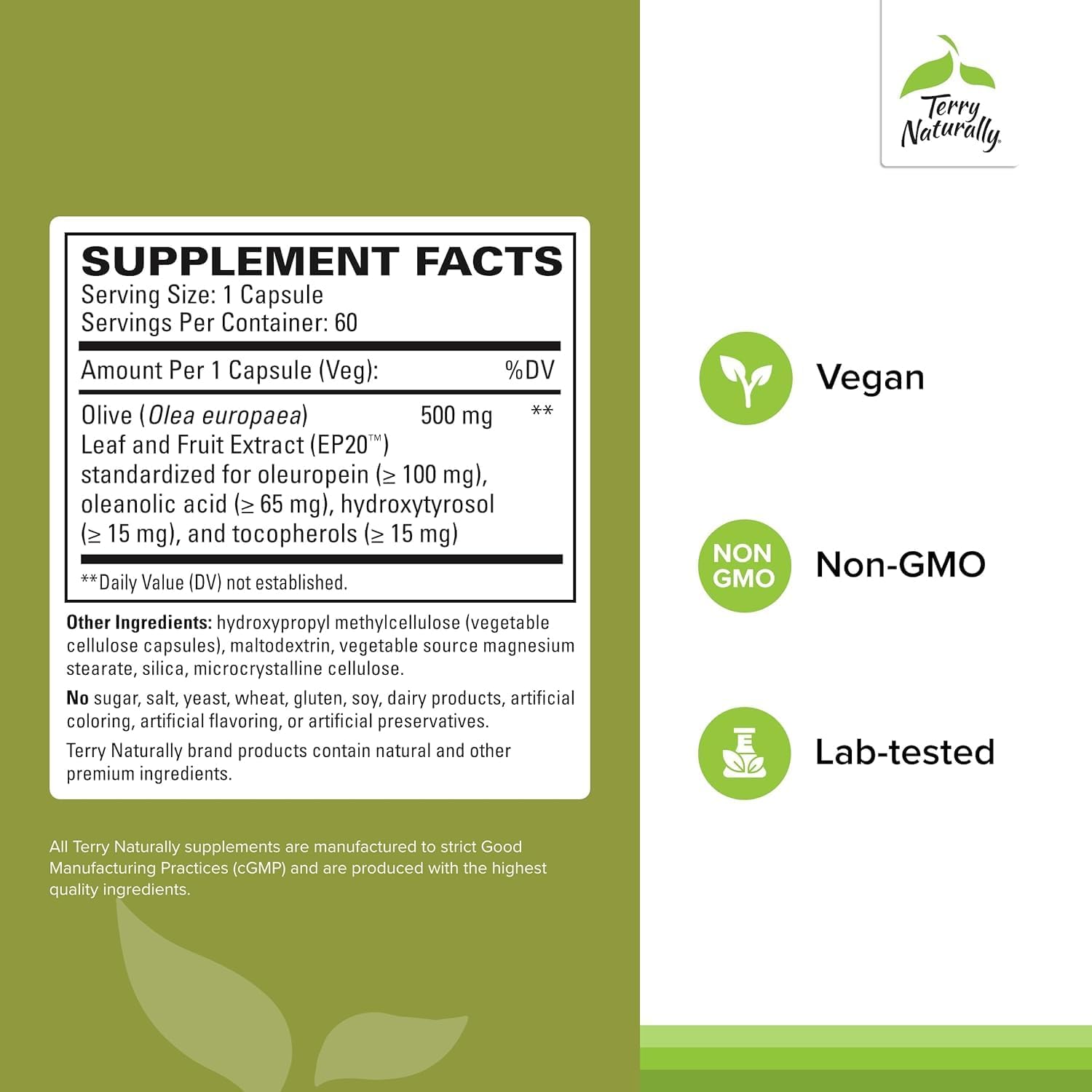 Terry Naturally Olive Extract EP20 - Brain Health Support Supplement with Olive Leaf Extract - Herbal Supplement to Aid Healthy Immune System Function - 60 Capsules (60 Servings)