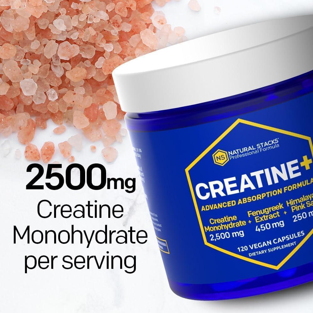 Creatine Monohydrate - 2500mg Creatine Pills - 450mg Fenugreek Extract & 250mg Himalayan Pink Salt - Supports Brain Health, Endurance & Muscle Building - Advanced Absorption Formula - 120 Capsules