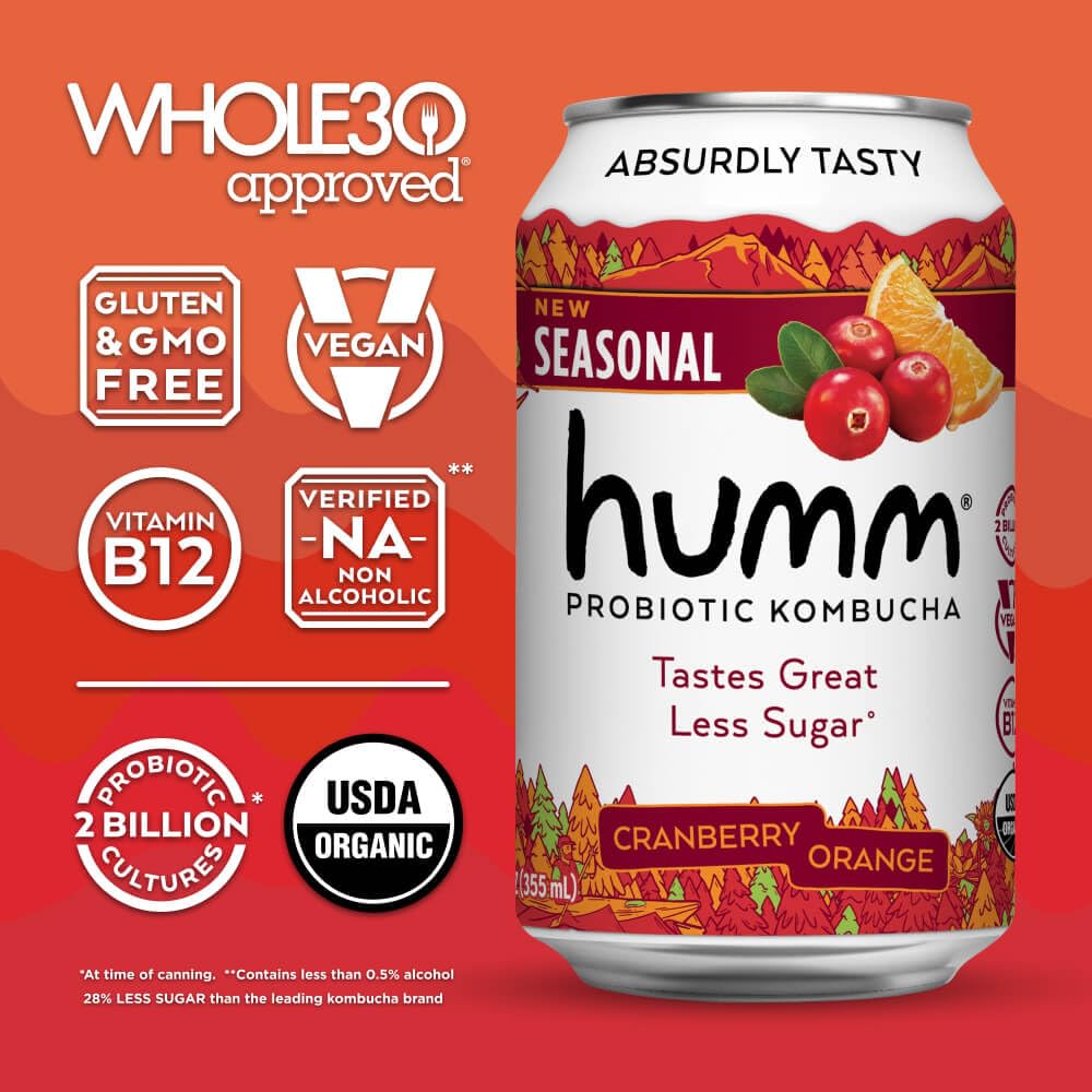 Humm Whole30 Approved Kombucha, Cranberry Orange, Organic, Vegan & GMO Free (12 Pack)