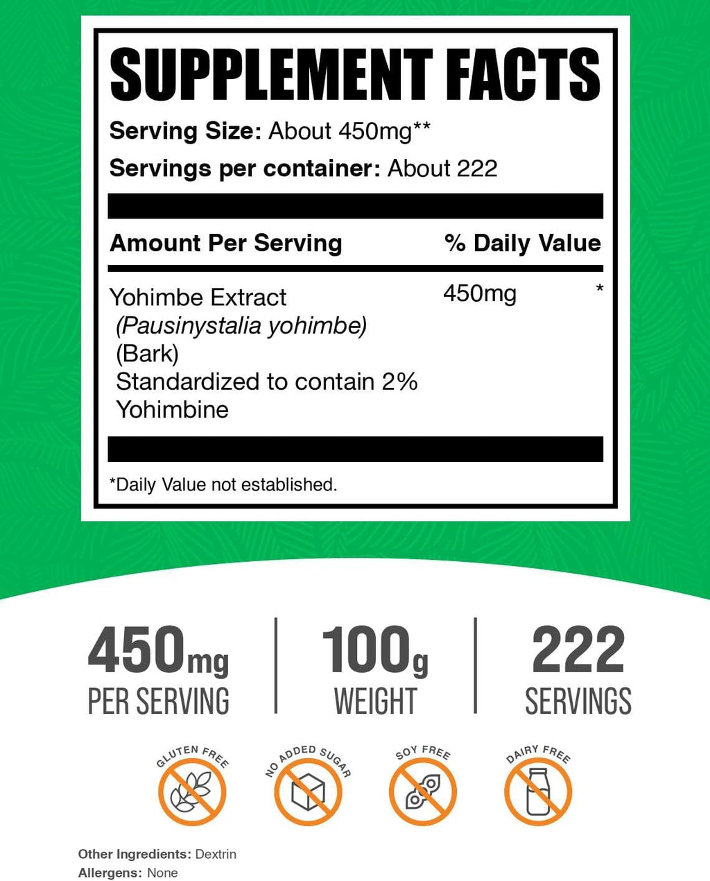BulkSupplements.com Yohimbe Extract Powder - Yohimbe Bark Extract - Herbal Supplement, Gluten Free, 450mg per Serving, 100g (3.5 oz) (Pack of 1)