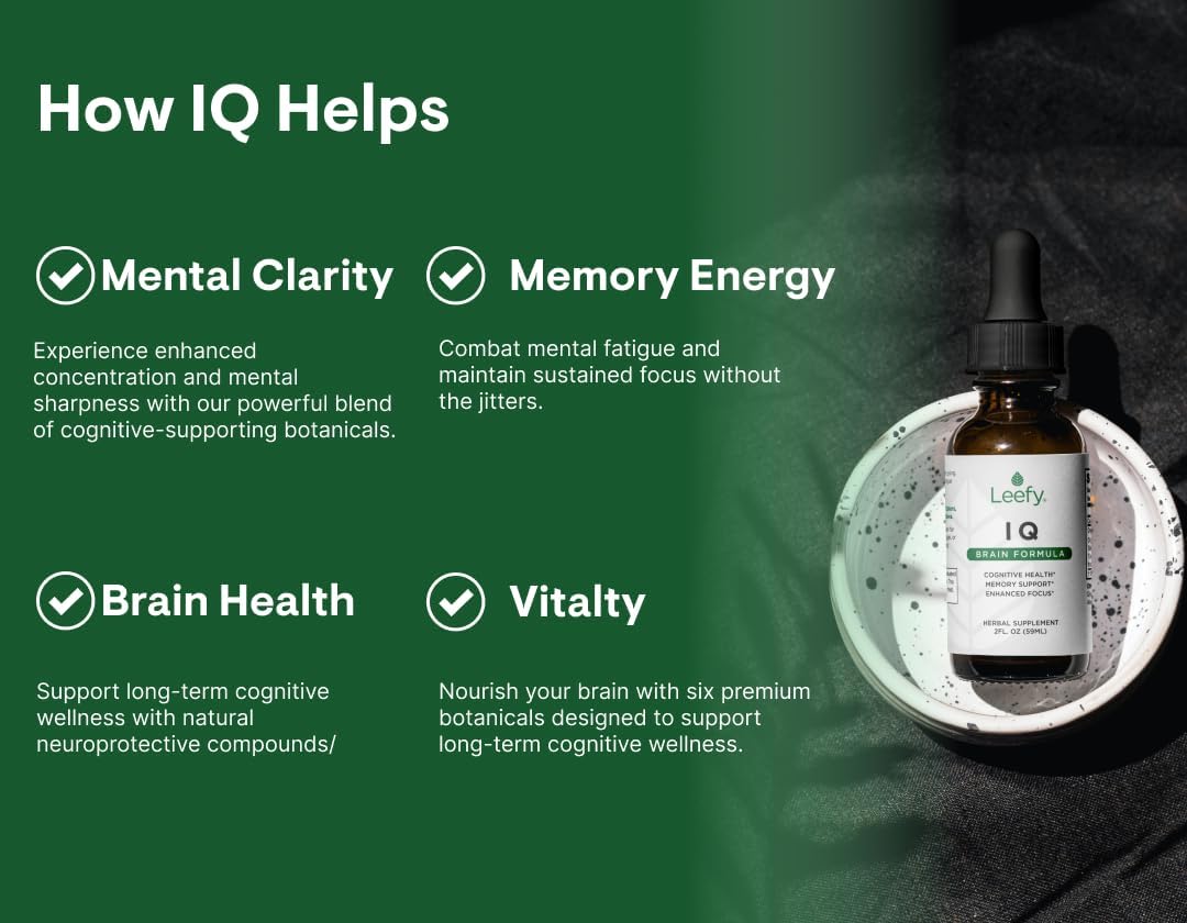 Leefy Organics IQ - Lions Mane Extract Liquid Nootropic Supplement with Bacopa and More - Mushroom Extract - Supports Memory, Focus, Clarity and Cognitive Health - 2 fl oz Dropper Bottle