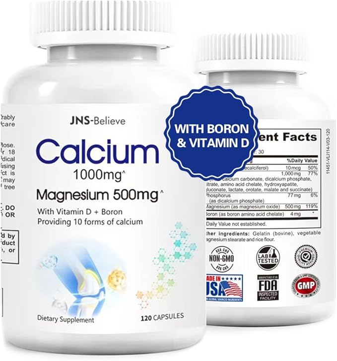 Calcium Magnesium Supplement, Daily Supplement for Bone and Immune Health, with Vitamin D, 1000mg Calcium, 500mg Magnesium, Gluten -Free, 120 Capsules
