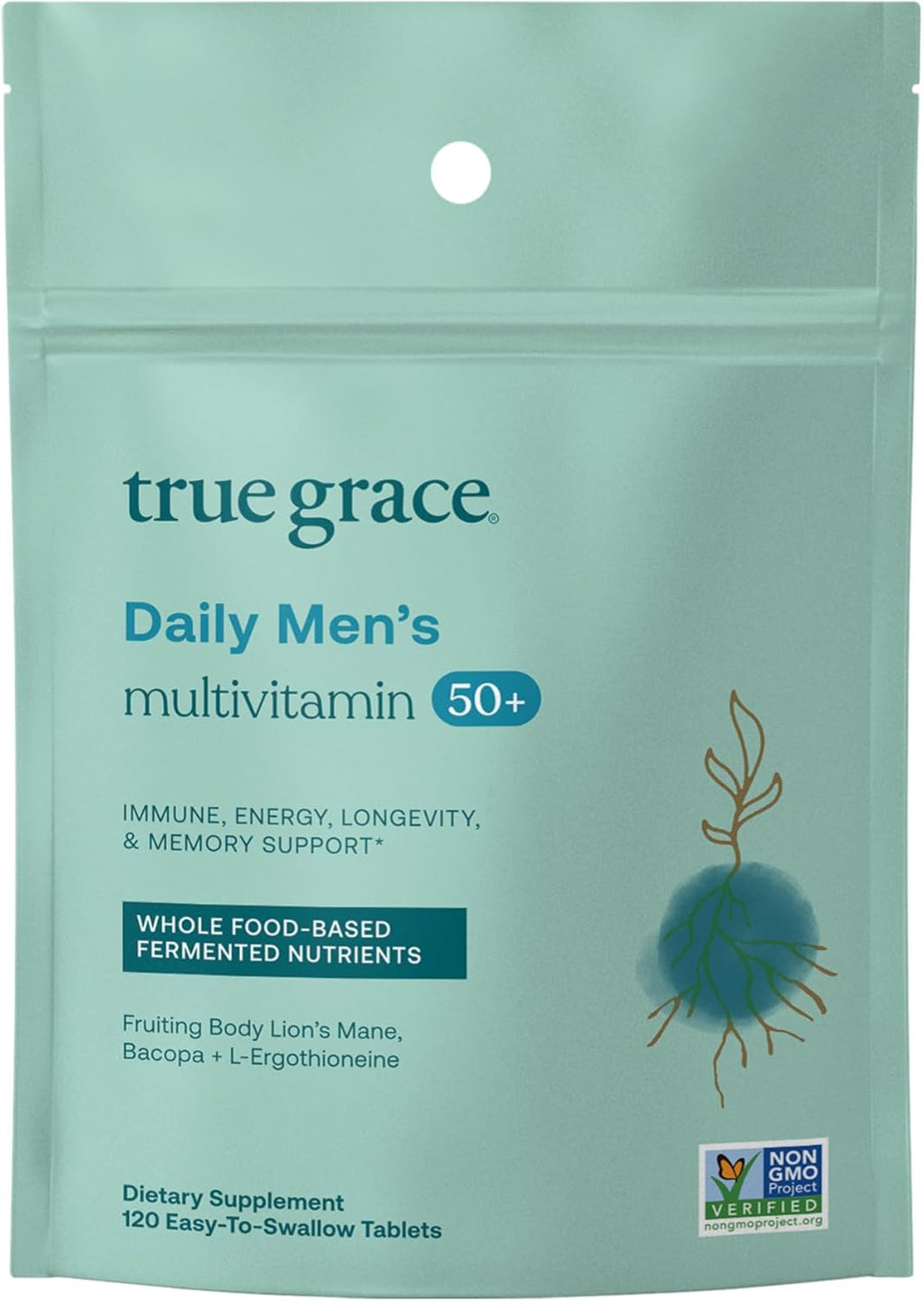 True Grace Daily Men’s Multivitamin 50+ - 120 Easy-to-Swallow Tablets - Immune, Energy, Longevity & Memory Support - Gluten Free, Soy Free, Vegan - 60 Servings