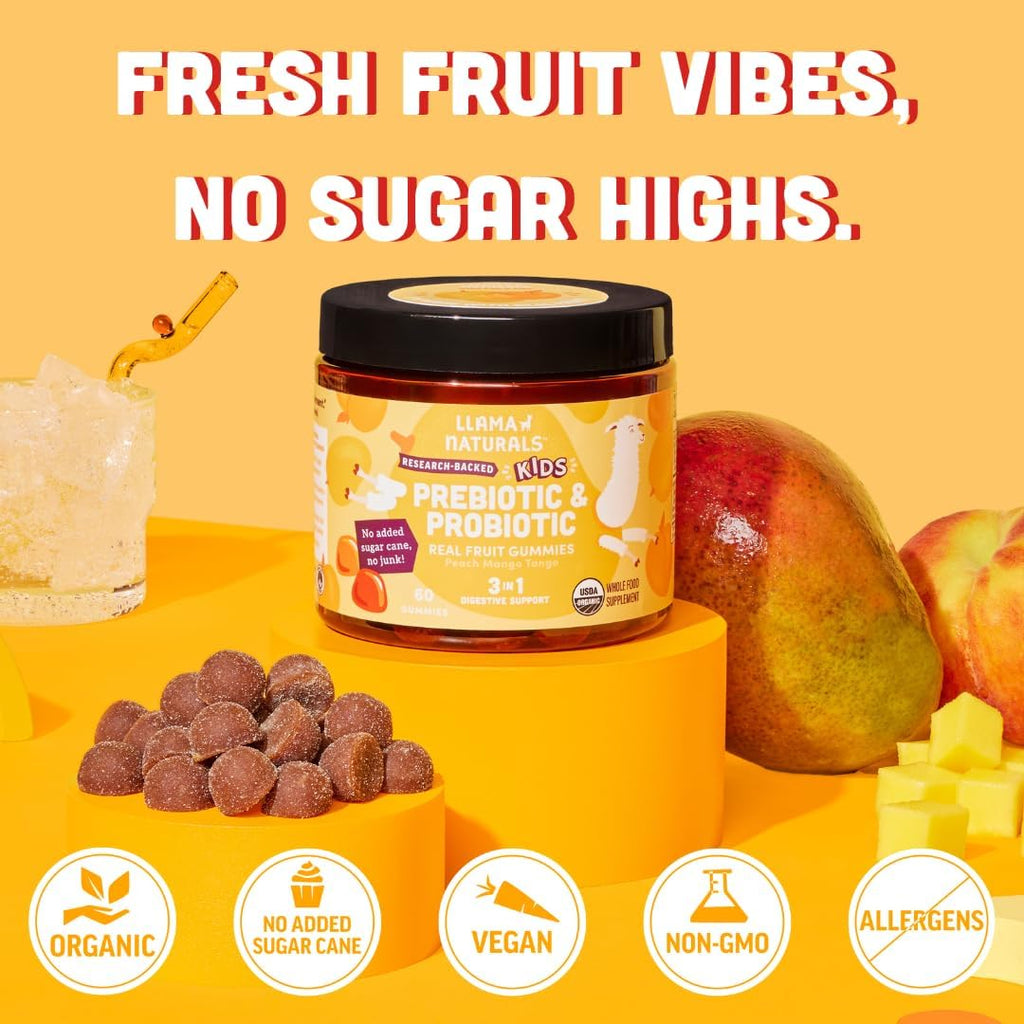 Llama Naturals Kids Probiotic with Prebiotic Fiber, Vegan, Organic Prebiotics and Probiotics Gummies for Gut Health Support, Toddler Real Fruit Gummy Vitamins, No Added Sugar Cane, Peach Mango, 120 Ct
