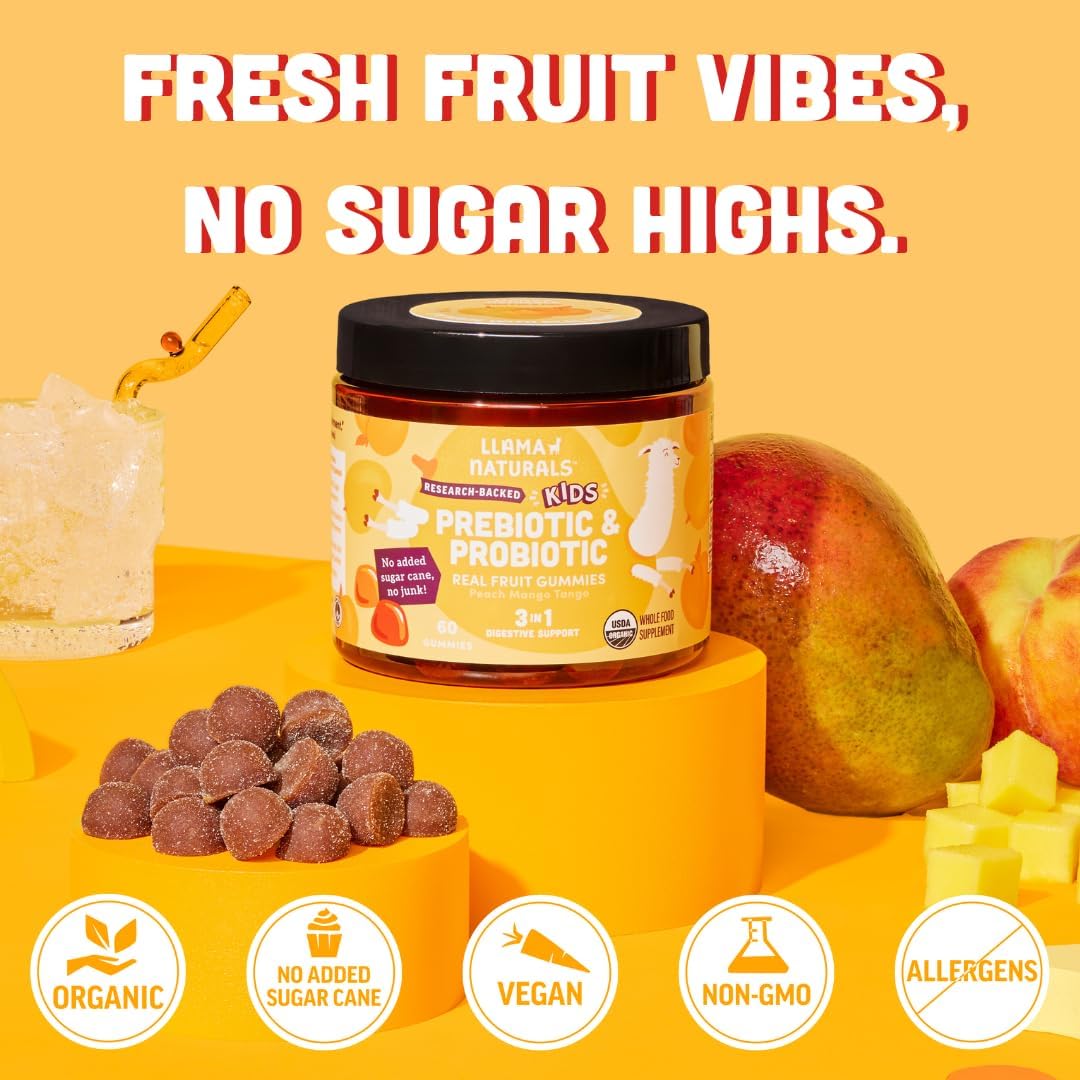 Llama Naturals Kids Probiotic with Prebiotic Fiber, Vegan, Organic Prebiotics and Probiotics Gummies for Gut Health Support, Toddler Real Fruit Gummy Vitamins, No Added Sugar Cane, Peach Mango, 120 Ct