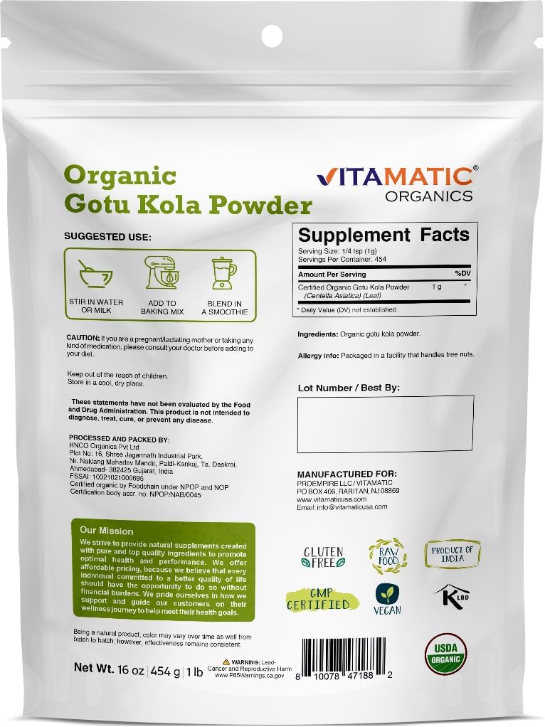 Vitamatic Certified USDA Organic Gotu Kola Powder – 1 Pound (16 Ounces) – Natural Brain & Circulatory Support – Non-GMO & Gluten-Free