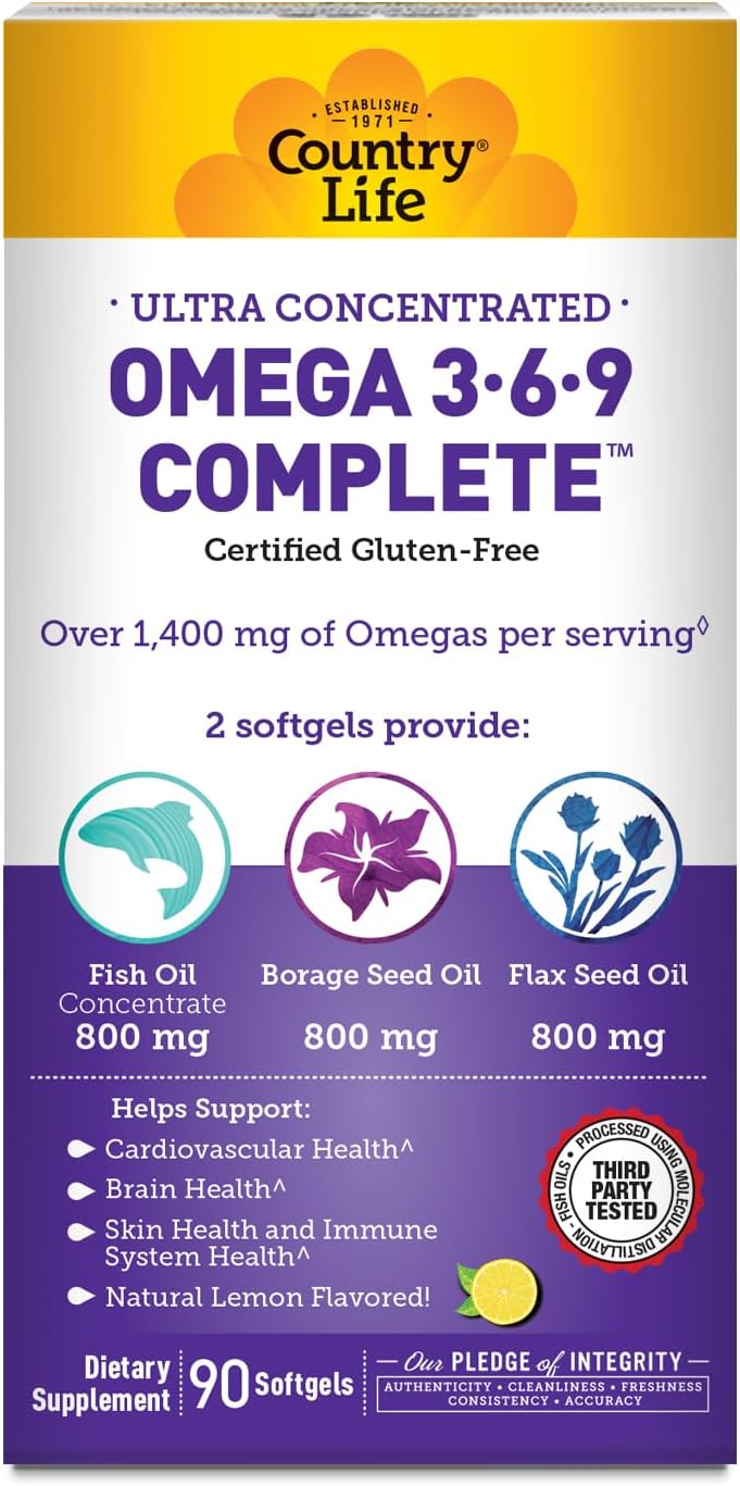 Country Life Omega 3-6-9 Complete Supplement - 1,534mg Omega Fatty Acids - Supports Cardiovascular, Brain, Skin & Immune Health - Certified Gluten Free, Non-GMO - 90 Softgels