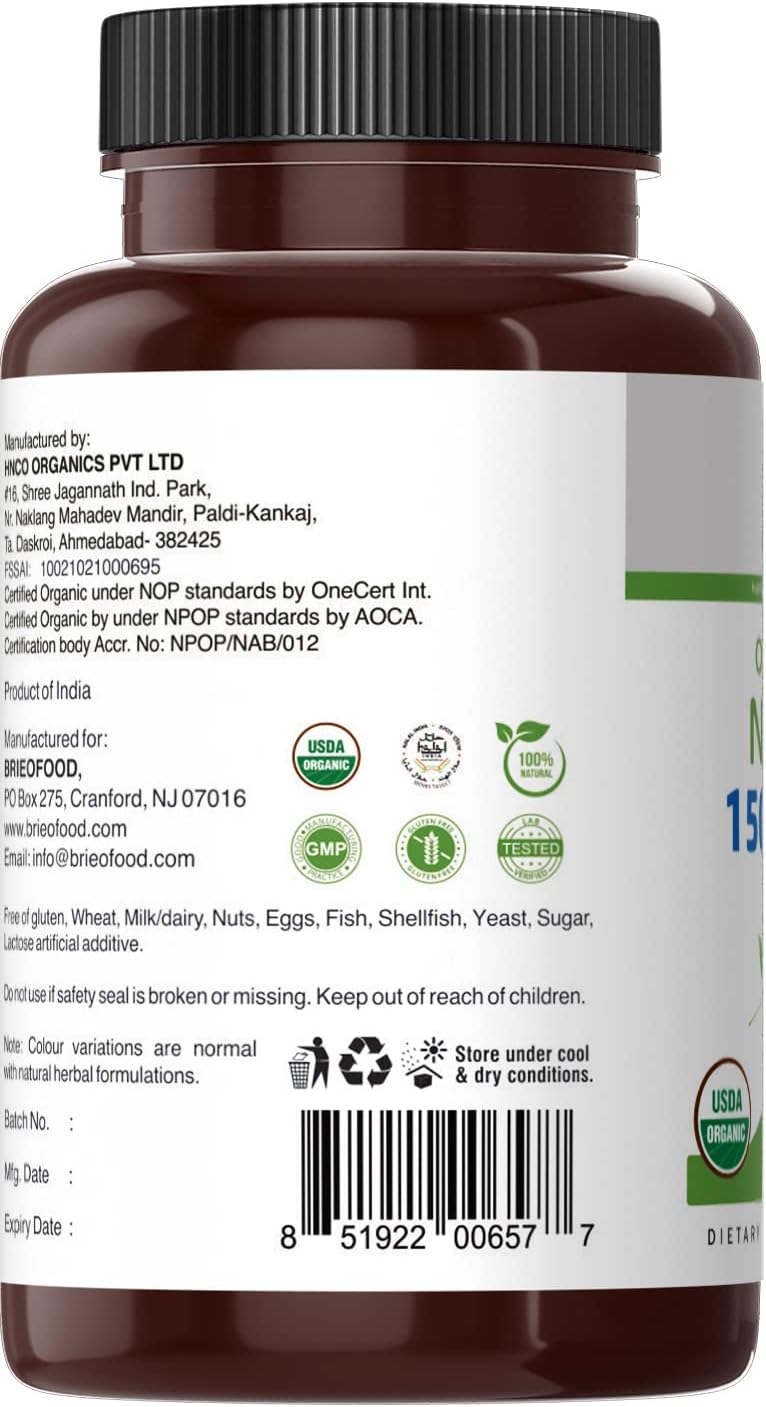 Brieofood Organic Neem 1500mg, 45 Servings, Vegetarian, Gluten Free, 90 Vegetarian Tablets