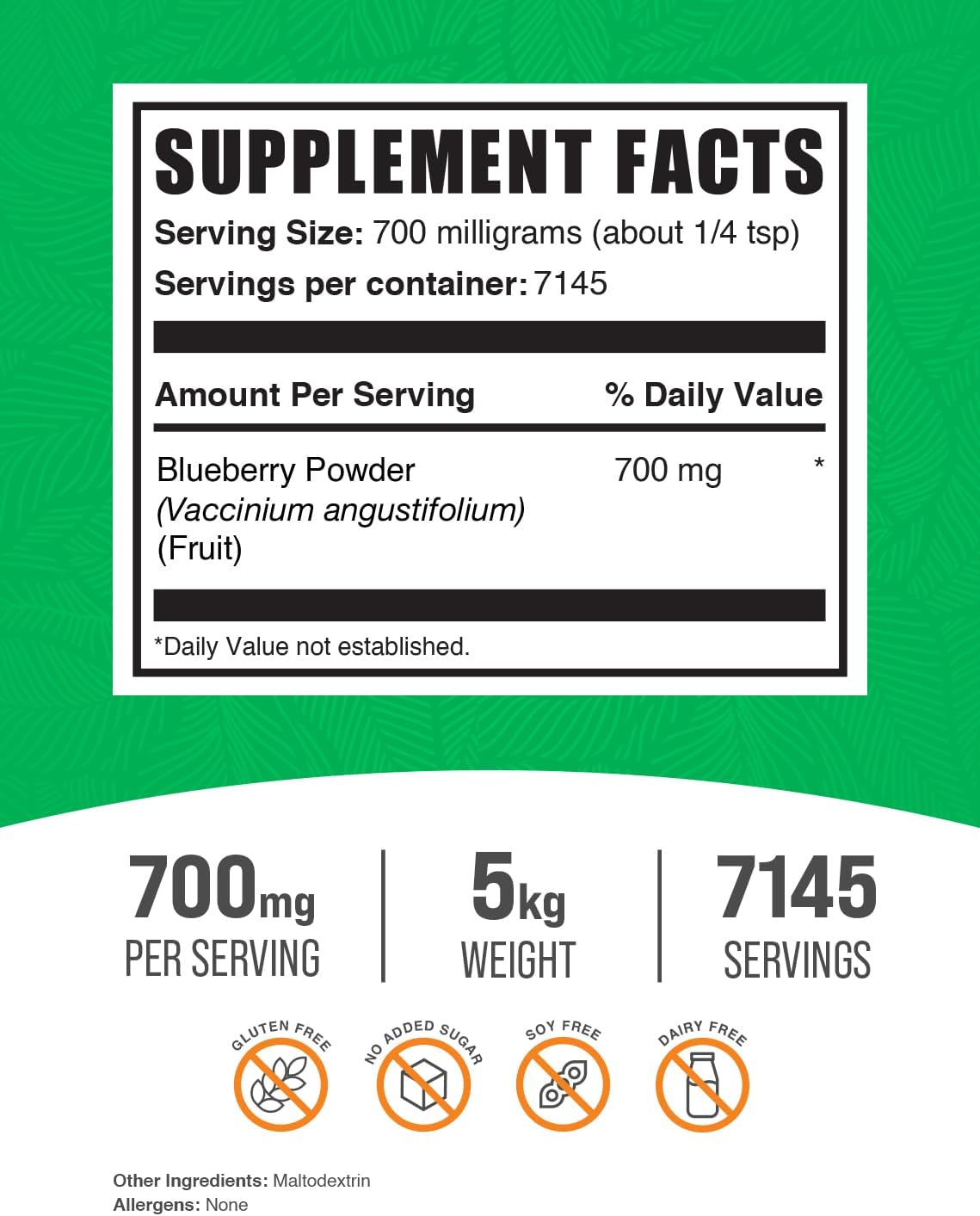 BulkSupplements.com Blueberry Powder - Blueberry Supplement, Wild Blueberry Powder - Antioxidant Support, Gluten Free, 700mg per Serving, 5kg (11 lbs) (Pack of 5)