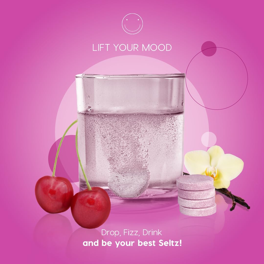 Seltz® Water-Activated Vitamins - Lift Your Mood with L-Tryptophan, Saffron Extract and Vitamins B3 B6 B12 – Natural Cherry Vanilla Flavor Dietary Supplement- 1 Pack x 20 Effervescent Tablets