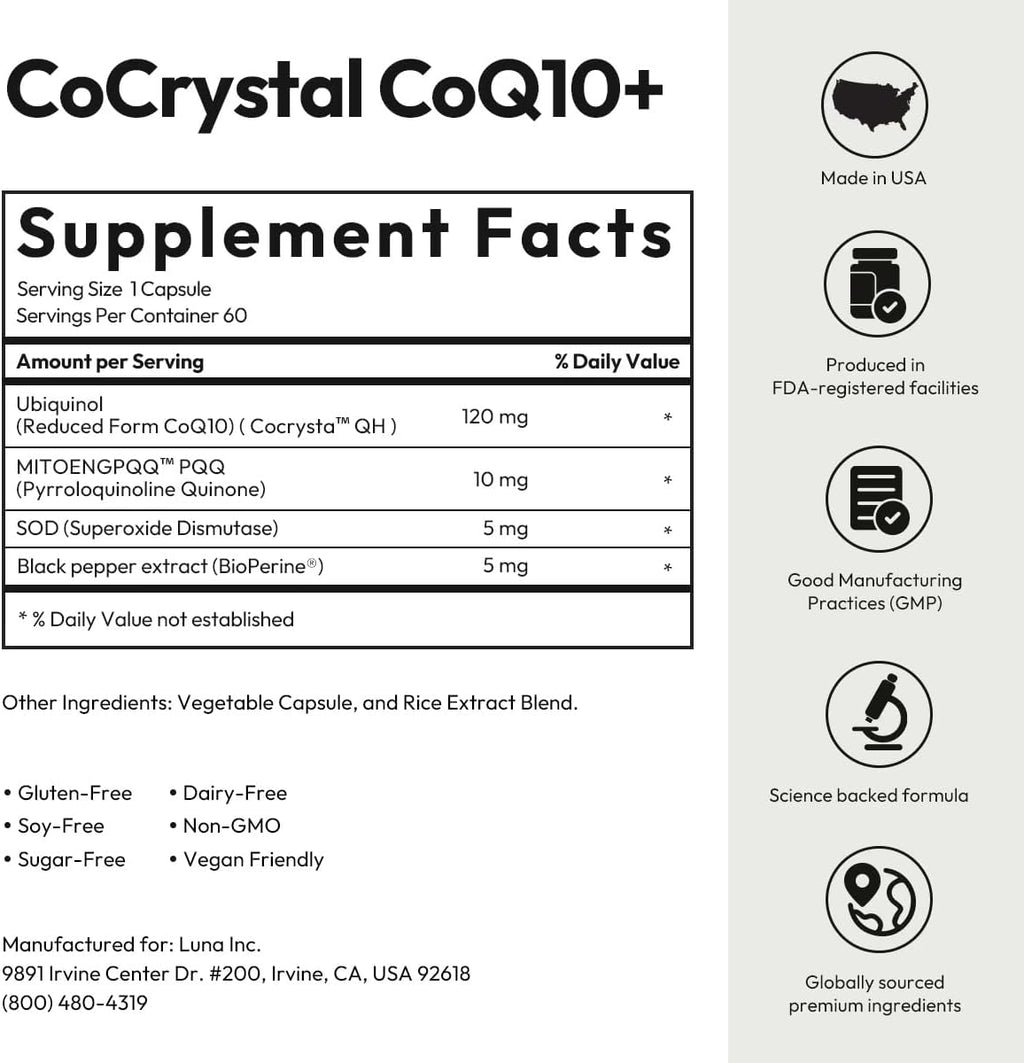 BIGVITA CoCrystal CoQ10 + 120 mg Ubiquinol – Ultra-Absorption Formula with PQQ, SOD & BioPerine – Supports Heart, Energy & Cellular Vitality – 60 Capsules - 2 Month Supply