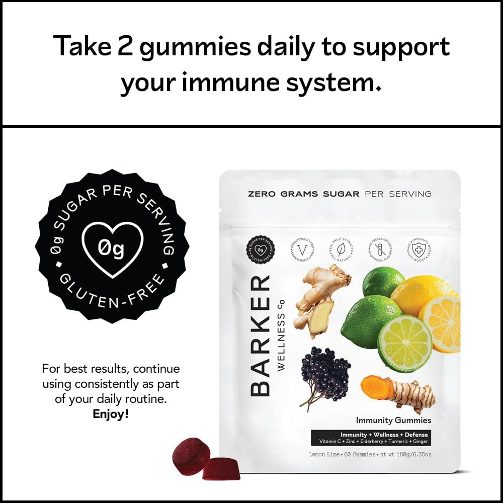 Barker Wellness Immunity Gummies | Vitamin C, Zinc, Elderberry, Turmeric & Ginger | Immune Support | Vegan, Sugar-Free | Lemon Lime Flavor | 60 Gummies