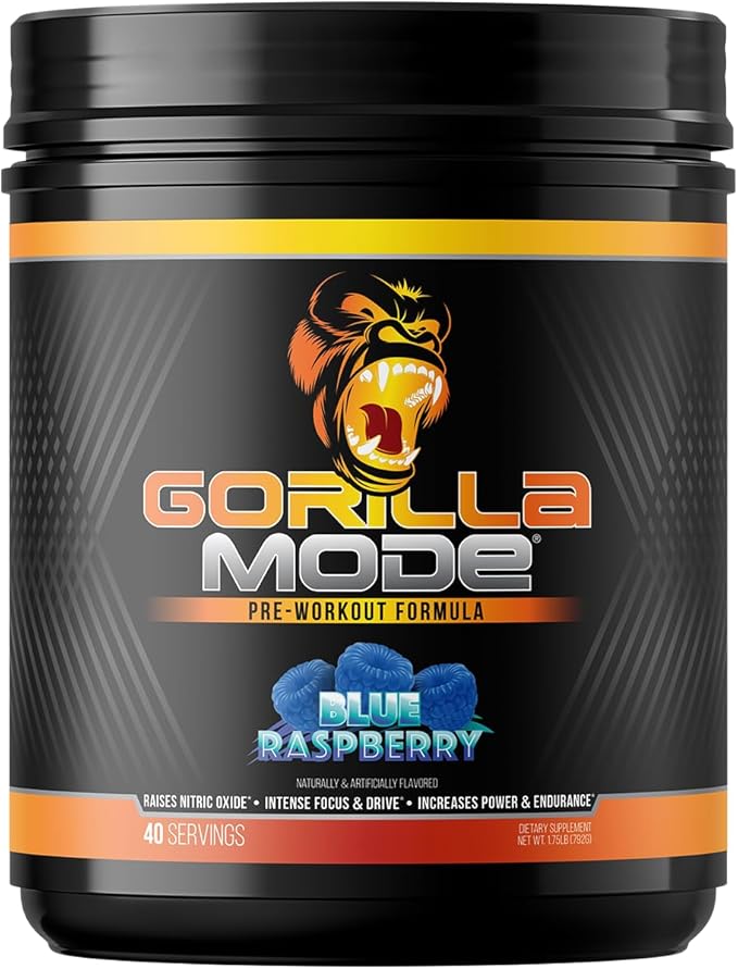 Gorilla Mode Pre Workout - Massive Pumps Laser Focus Energy Power - L-Citrulline, Creatine, L-Tyrosine, Betaine, Hydroprime, Alpha-GPC, 400mg Caffeine, Huperzine A - 792g (Blue Raspberry)