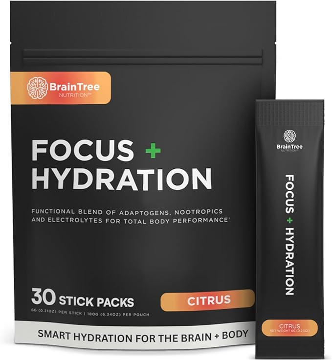 BrainTree Nutrition - Focus + Hydration - Electrolyte Drink Mix - Total Body Hydration - Supports Cognitive Function, Energy & Muscle Recovery - Sugar Free - Citrus - 30 Stick Packs