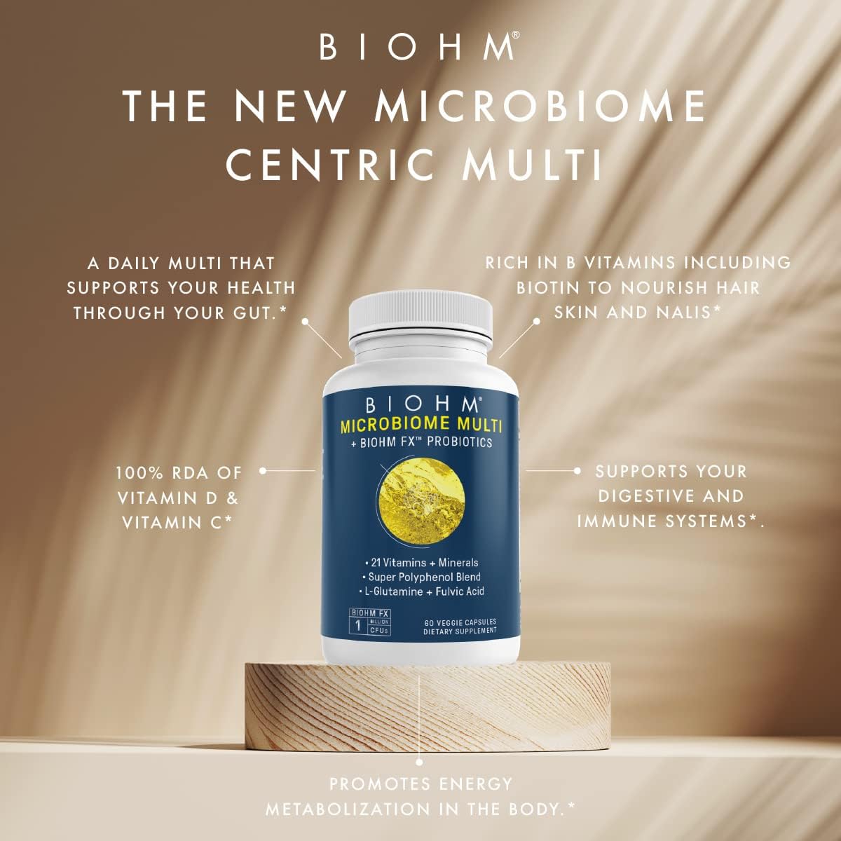 BIOHM Multivitamin for Women & Men, Microbiome Multi with Probiotics (60 Capsules, 30 Servings) 21 Vitamins & Minerals, Green Tea, Glutamine & Antioxidants, Non-GMO, Gluten Free, Vegetarian