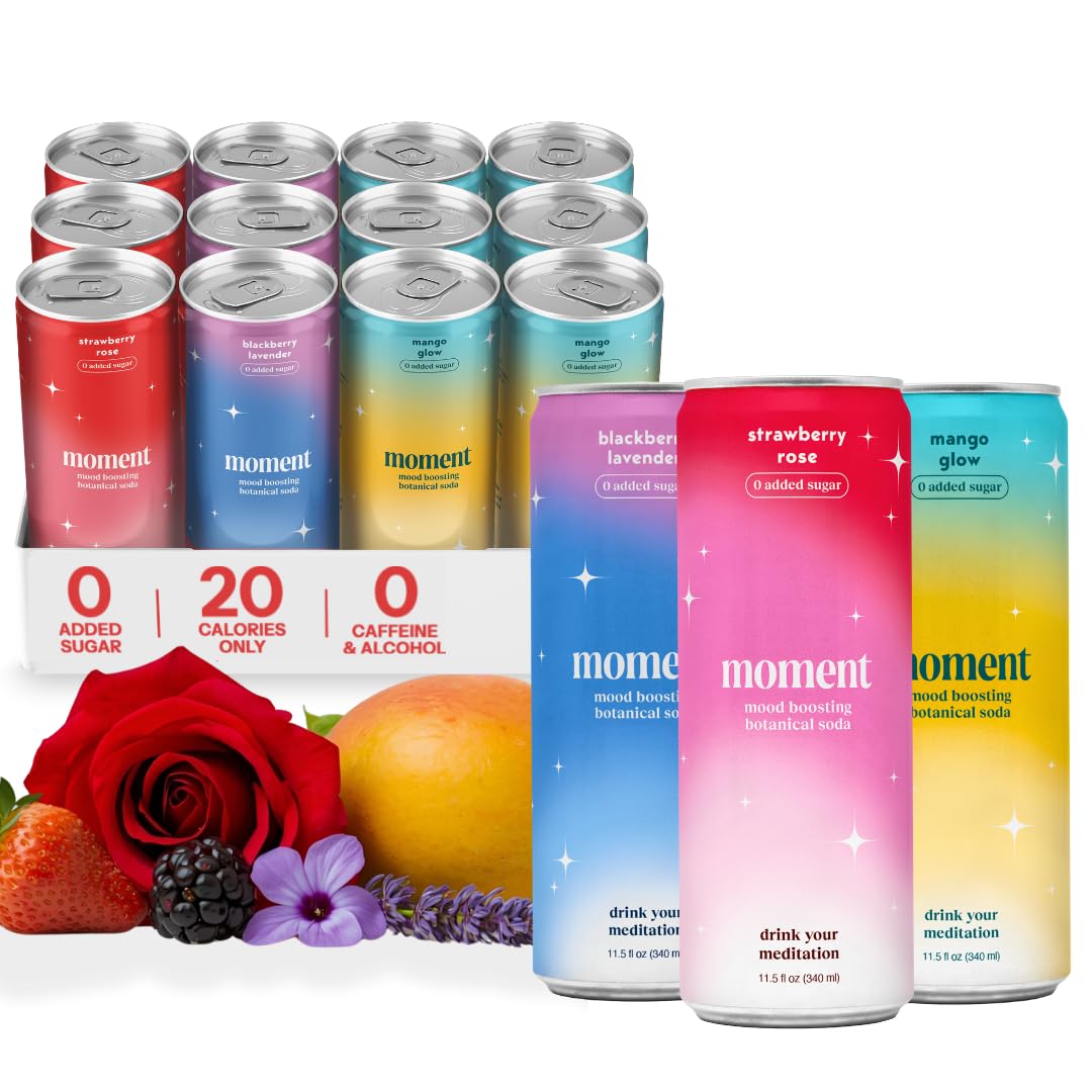 Moment Botanical Soda Soft Drink (Shark Tank) - SPARKLING Drinks | Fruity Fun | L-Theanine & Ashwagandha for Calm & Clarity | 0 Added Sugar 0 Caffeine | 12-pack