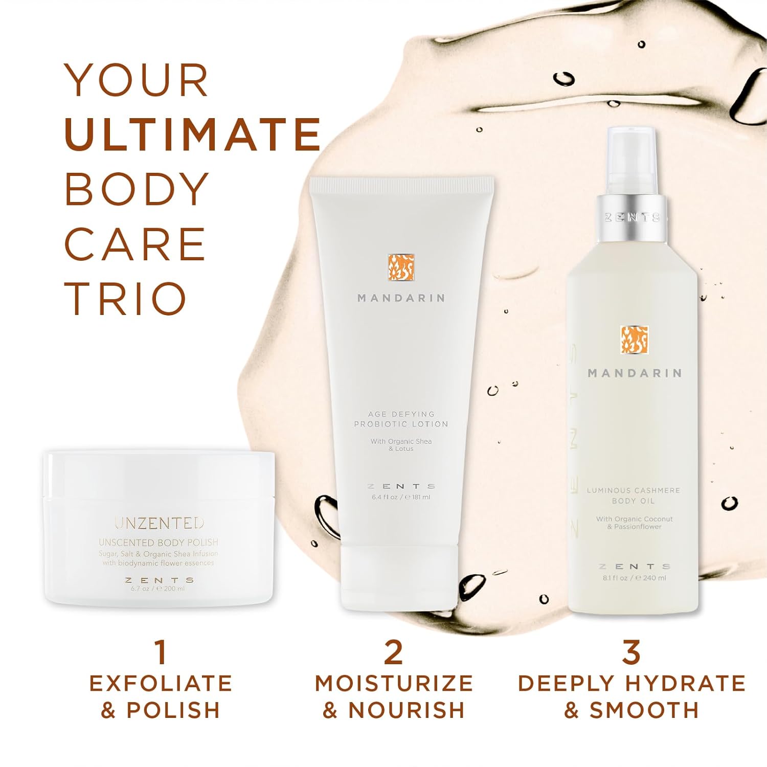 Zents Luminous Cashmere Body Oil (Travel Size - Mandarin Fragrance) | Moisturizing Body Oil with Vitamin E & Organic Coconut Oil | Softens & Smooths Skin | 1 fl oz | TSA Approved
