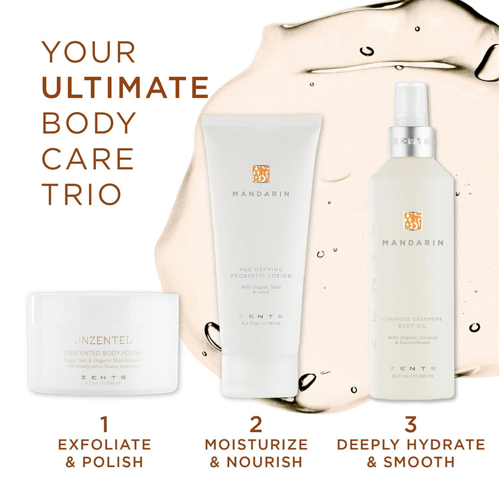 Zents Luminous Cashmere Body Oil (Mandarin Fragrance) | Moisturizing Body Oil with Vitamin E & Organic Coconut Oil | Softens & Smooths Skin | 8 fl oz