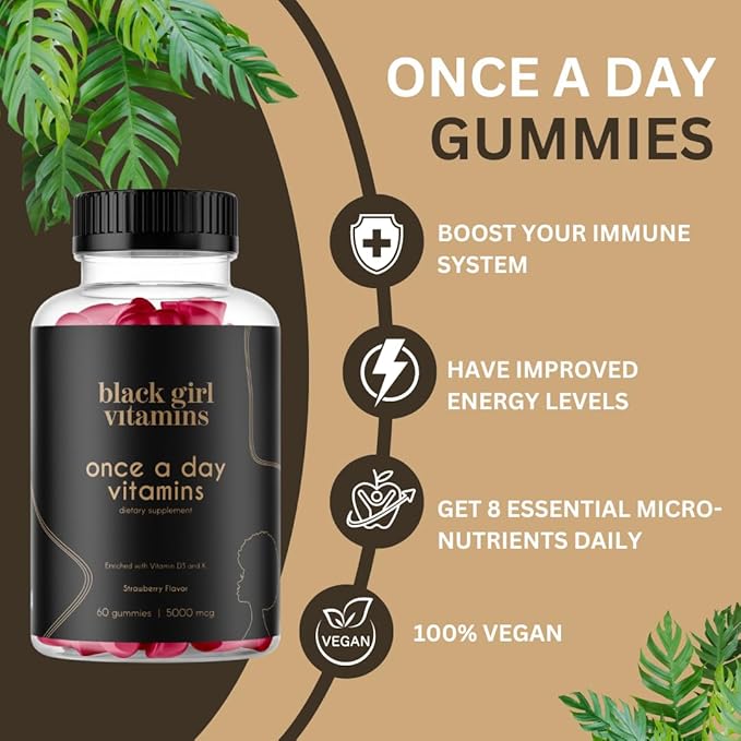 Black Girl Vitamins Once a Day - Womens Multivitamin Gummy - Vitamin A, B, C, E and Zinc. Multivitamin for Women, Immune Support. Vegan, Gluten-Free. Made in The USA (30 Day Supply, Strawberry)