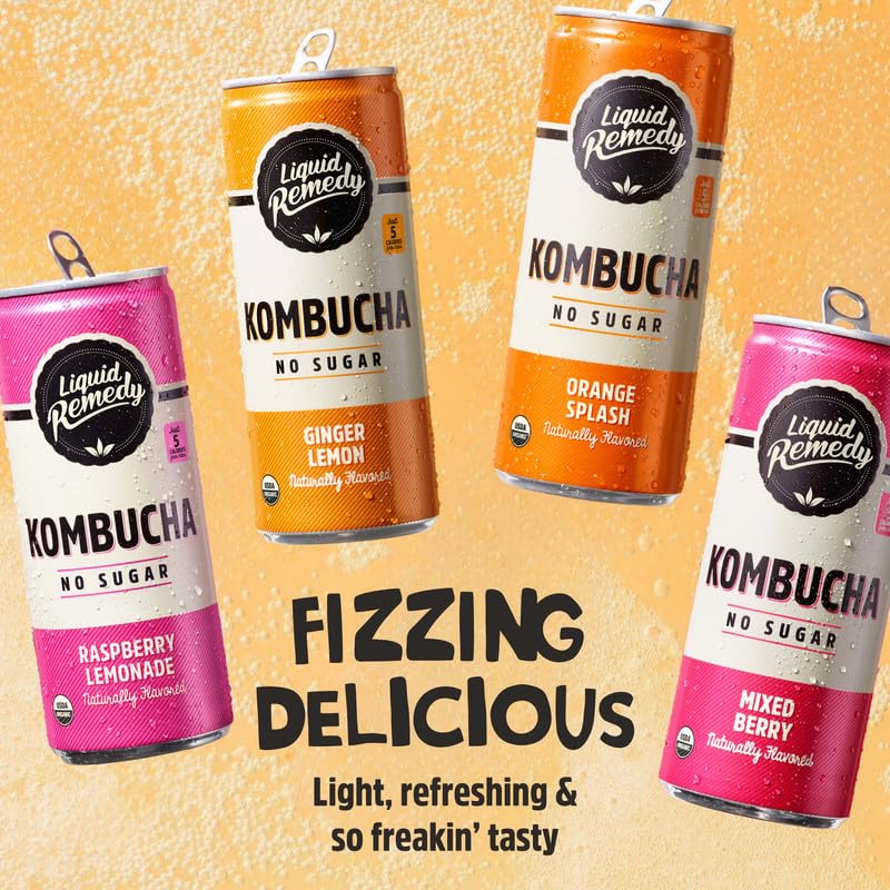 Liquid Remedy Kombucha Sugar Free Organic Drink, Low Calorie, Probiotic Like Tea for Gut Health - Fan Favorites Variety Pack - 8.5 Fl Oz Can, 24-Pack