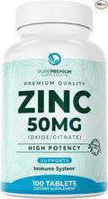 PurePremium Natural Zinc 50mg Supplements for Men/Women - GMP-Certified High Potency Vitamin Zinc Citrate/Oxide for Adults, Immune Antioxidant, Energy Support - 100 Tablets