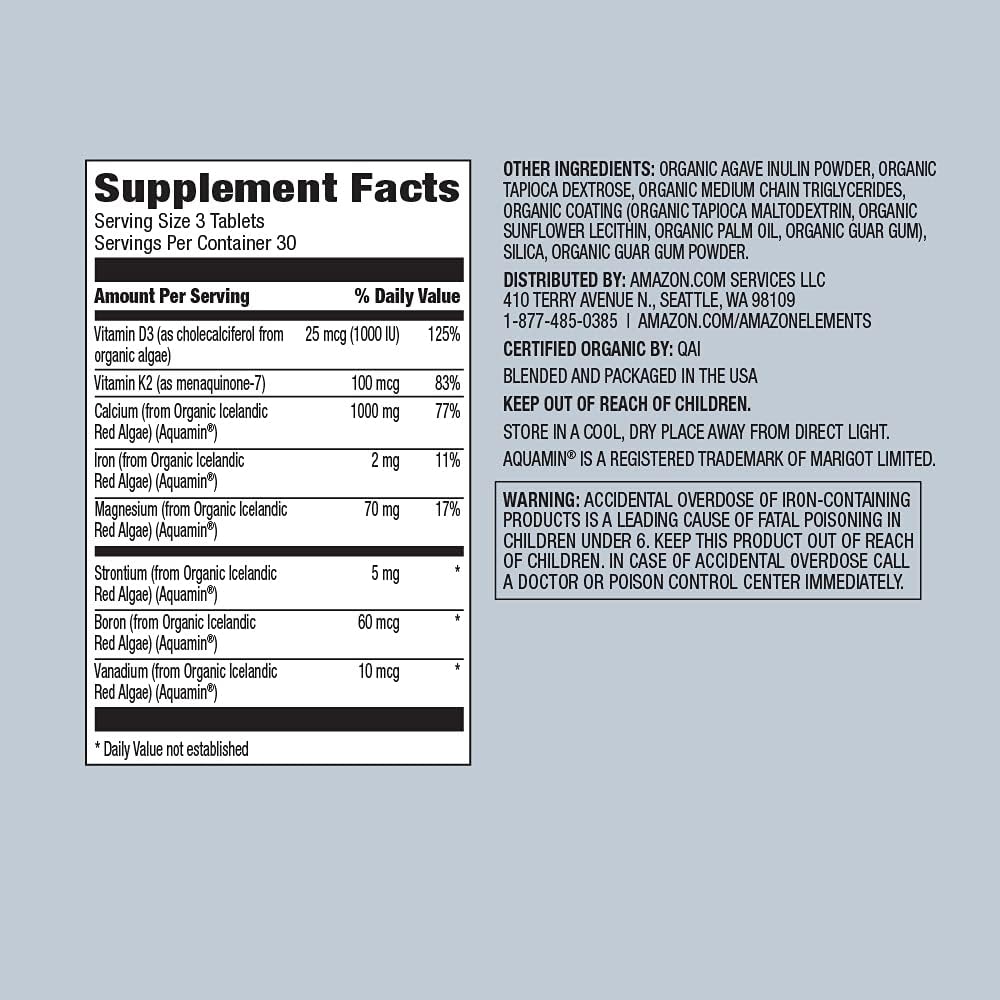 Amazon Elements Organic Whole Food Calcium & Magnesium, 90 Tablets (Pack of 4)