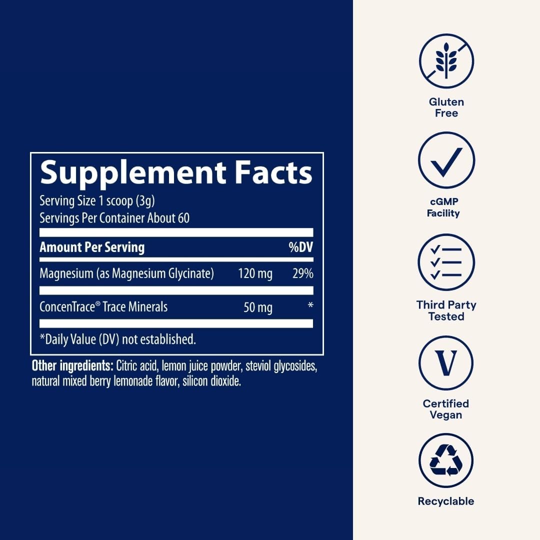 Trace Minerals Magnesium Glycinate Powder - Daily Magnesium Powder for Sleep Support - Calming Bedtime Drink - Natural & Gentle - Mixed Berry Lemonade - 180g (60 Servings)