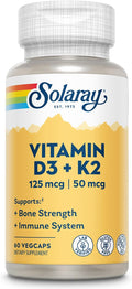 SOLARAY Vitamin D3 K2 - Bone Health and Immune Support Supplement - with 5000 IU Vitamin D as VIT D3 and 50 mcg Vitamin K2 as Menoquinone MK7, Made Without Soy, 60-Day Guarantee, 60 Serv, 60 VegCaps