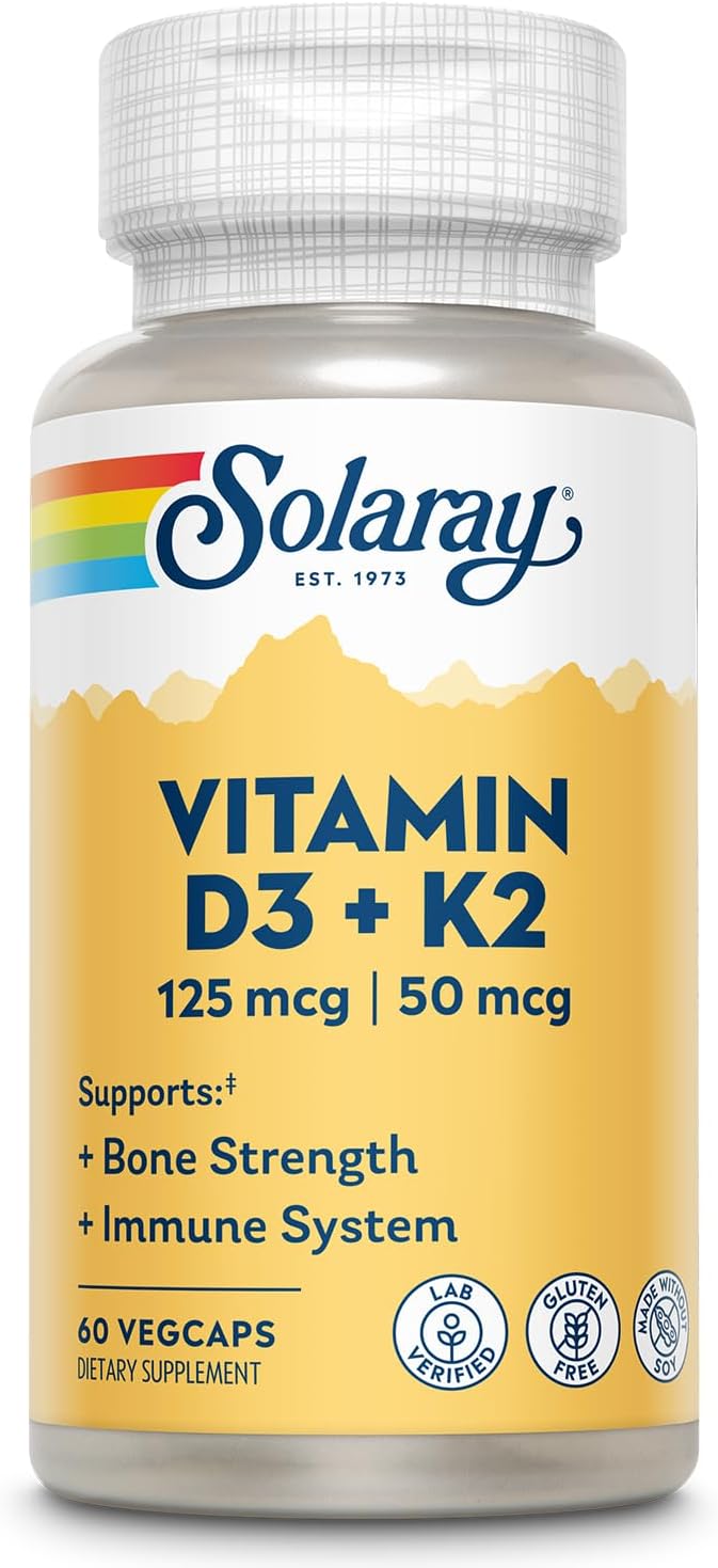 SOLARAY Vitamin D3 K2 - Bone Health and Immune Support Supplement - with 5000 IU Vitamin D as VIT D3 and 50 mcg Vitamin K2 as Menoquinone MK7, Made Without Soy, 60-Day Guarantee, 60 Serv, 60 VegCaps