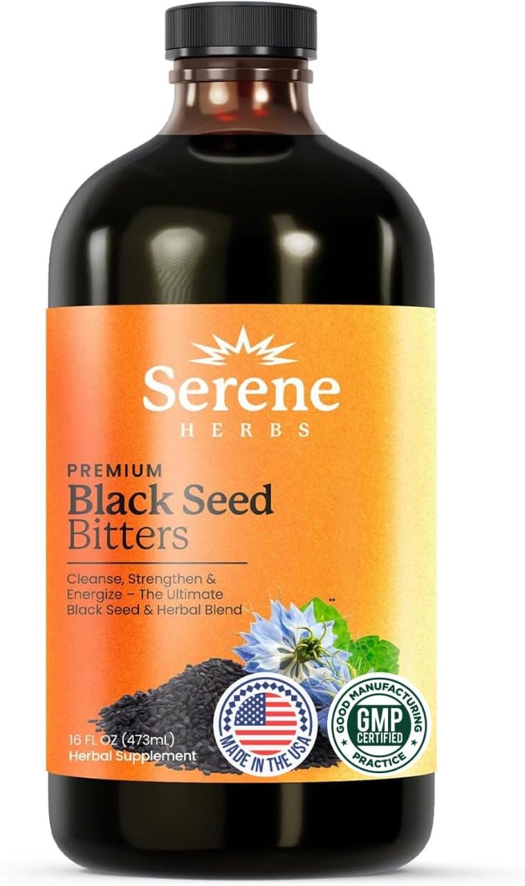 Serene Herbs Organic Black Seed Oil Bitters Liquid - Black Cumin Seed Extract, Nigella Sativa, Pure Blackseed Supplement with Thymoquinone for Immune Support & Digestion - Vegan - 16 oz