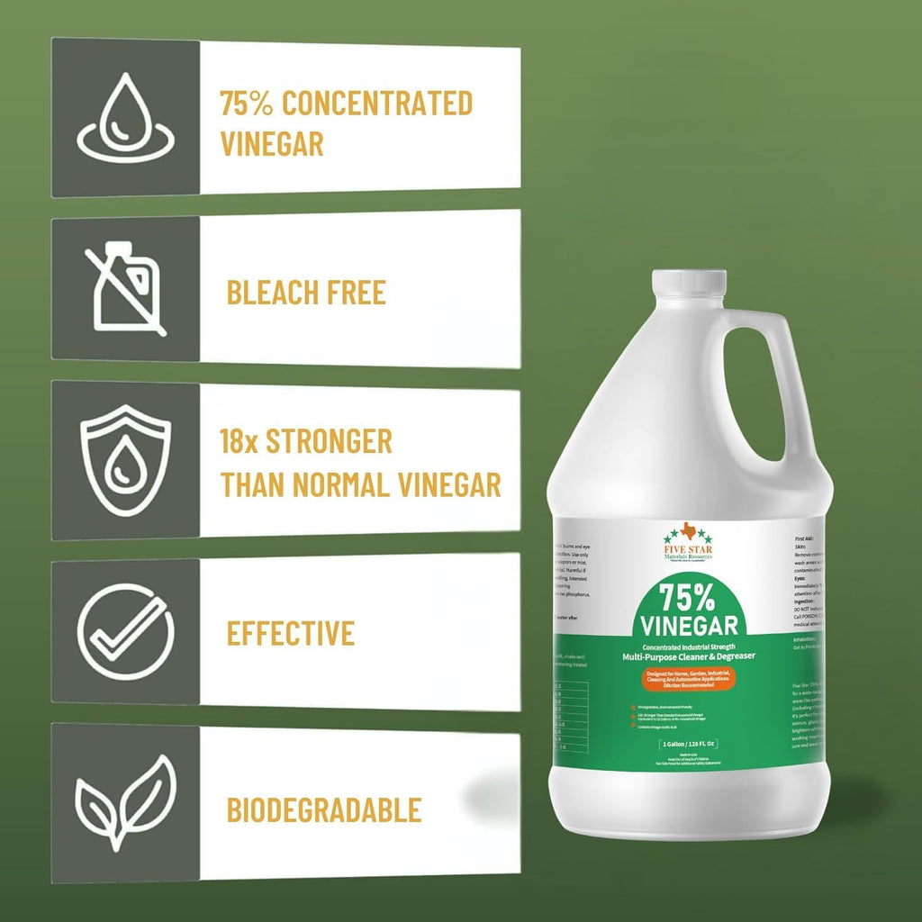 FIVE STAR MATERIALS RESOURCES 75% Vinegar Concentrated | White Vinegar for Cleaning and Garden | Home, and Outdoor Pure | Max Performance 18X Power | with Instructions 16 Gallons (2048 fl oz)