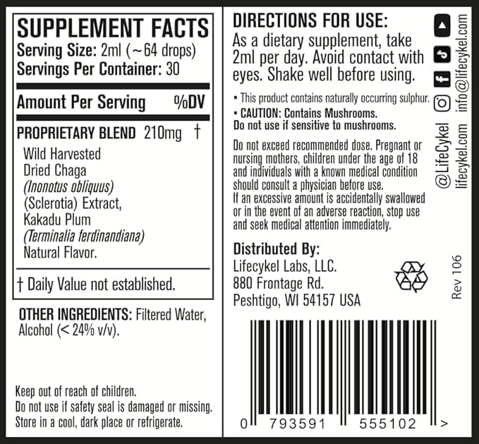 Life Cykel - Chaga Mushroom Extract with Kakadu Plum - Double Extracted Mushroom Tincture - Non-GMO Immune Support Supplement for Adults and Kids - 1 Fl Oz