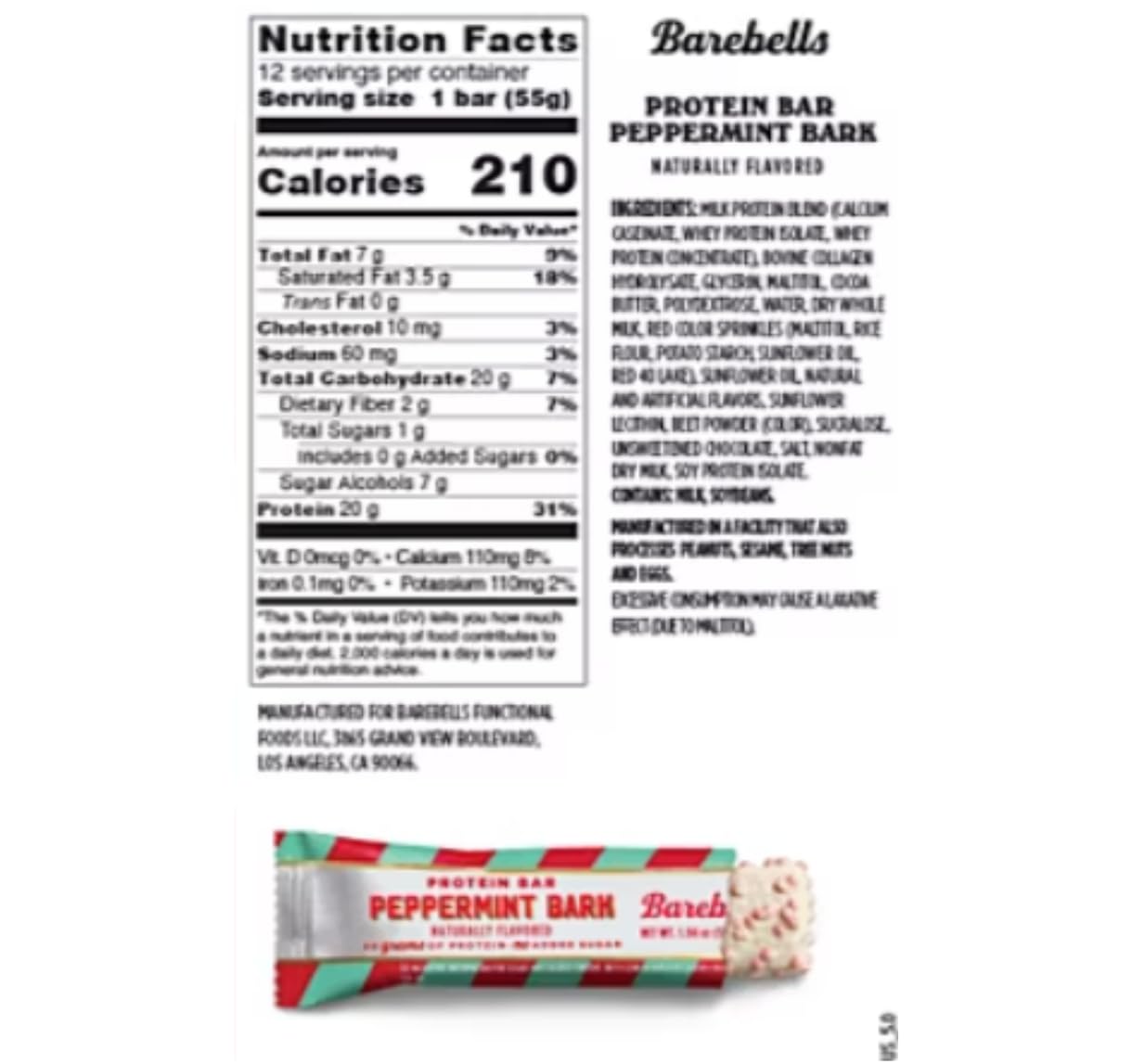 Barebells Protein Bars Peppermint Bark - 12 Count, 20g Protein, Creamy Vanilla Nougat with 1g Sugar, White Chocolate Coated Snack for Breakfast or Post-Workout