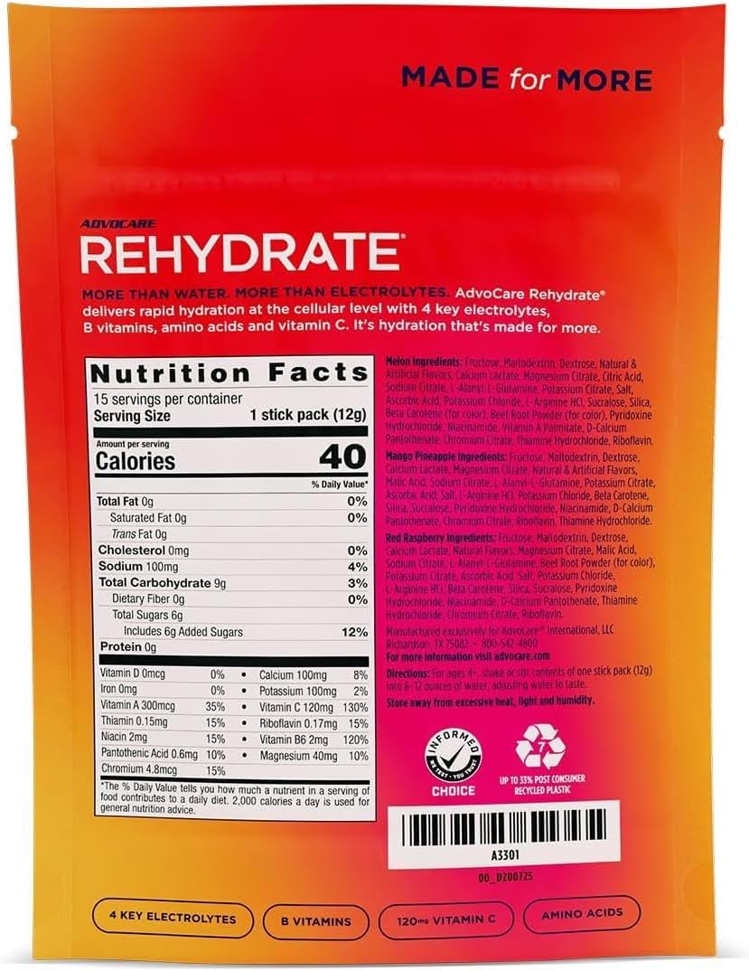 AdvoCare Rehydrate Electrolyte Drink Mix - Hydration & Recovery Drink with Sodium, Potassium & More - 15 Servings - Variety Pack