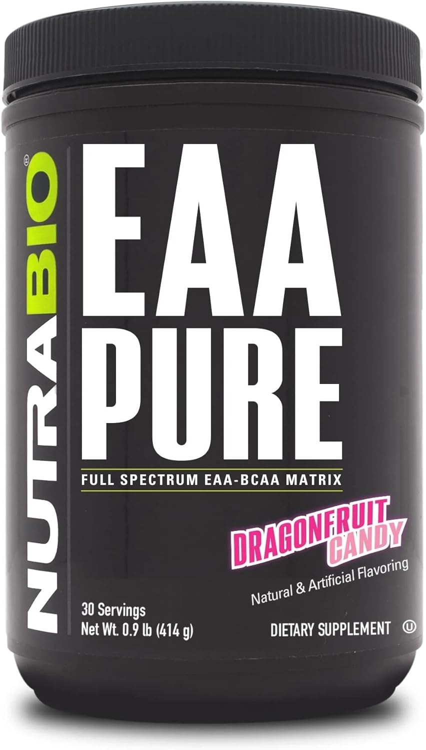 NutraBio – EAA Pure – 9 Amino Acids – Muscle Repair and Recovery, 30 Servings, Dragon Fruit Candy – Pre or Post Workout – All Day Recovery