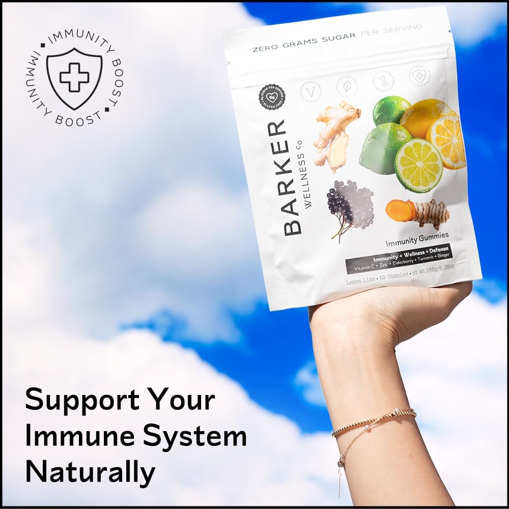 Barker Wellness Immunity Gummies | Vitamin C, Zinc, Elderberry, Turmeric & Ginger | Immune Support | Vegan, Sugar-Free | Lemon Lime Flavor | 60 Gummies
